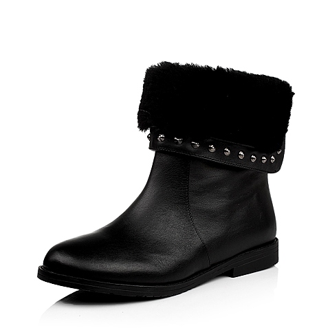 BASTO/百思图冬季黑色小牛皮/黑色羊毛女皮靴TRV44DD3铆钉舒适休闲短靴低跟后拉链