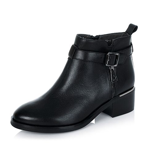 BASTO/百思图冬季专柜同款黑色小牛皮女靴(绒里)TOD42DD5