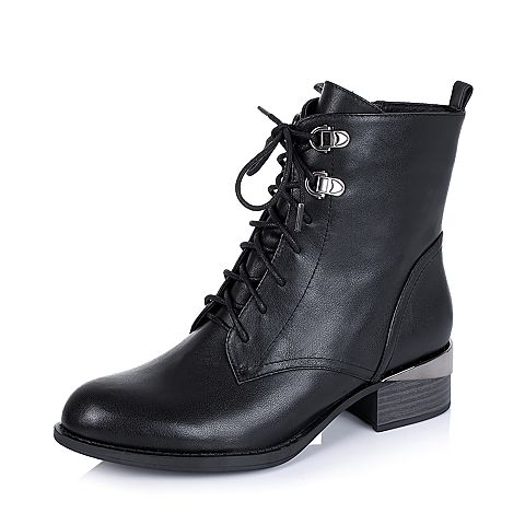BASTO/百思图冬季专柜同款黑色牛皮革女靴15X49DZ5