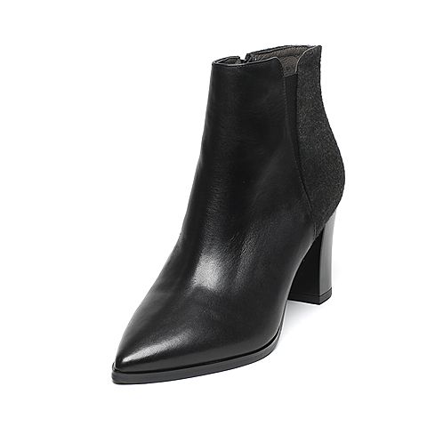 BASTO/百思图冬季专柜同款黑色牛皮/织物女短靴TZP43DD6