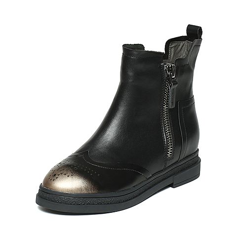 BASTO/百思图冬季专柜同款黑/古铜色牛皮女皮靴短靴（绒里）TYQ41DD6