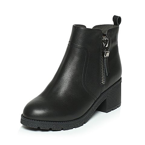 BASTO/百思图冬季专柜同款黑色牛皮简约休闲粗跟女短靴TC840DD6
