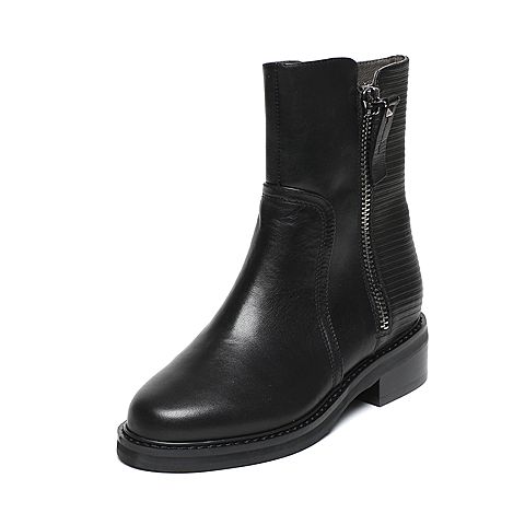 BASTO/百思图冬季专柜同款黑色小牛皮/羊皮女短靴（皮里）TYN60DZ6
