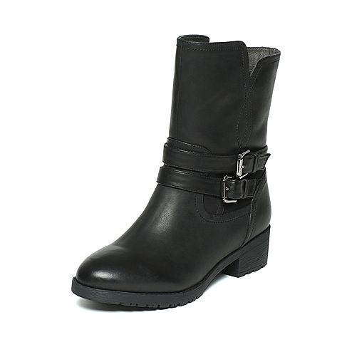 BASTO/百思图冬季专柜同款黑色打蜡牛皮女皮靴(毛里）TP760DZ6
