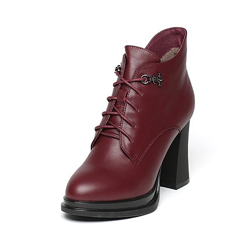 BASTO/百思图冬季专柜同款深红牛皮休闲粗高跟女皮靴（绒里）16D40DD6