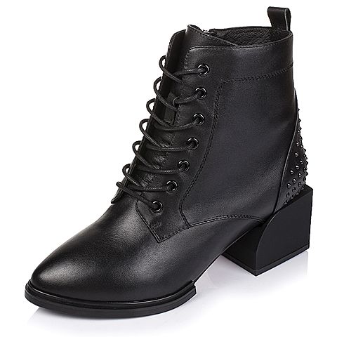 BASTO/百思图冬季专柜同款黑色牛皮女皮靴16D61DD6