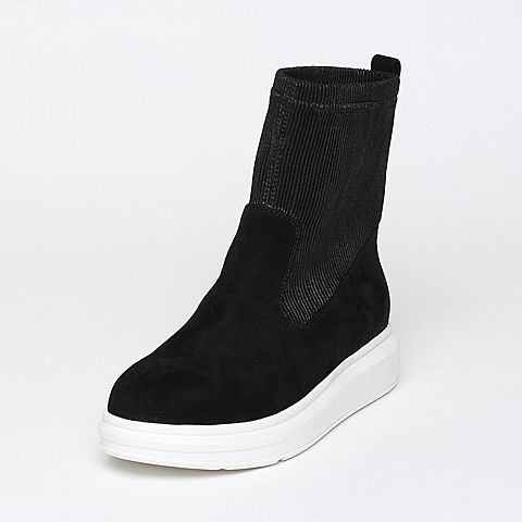 BASTO/百思图冬季专柜同款黑色羊皮/弹力布女休闲靴16D54DD6