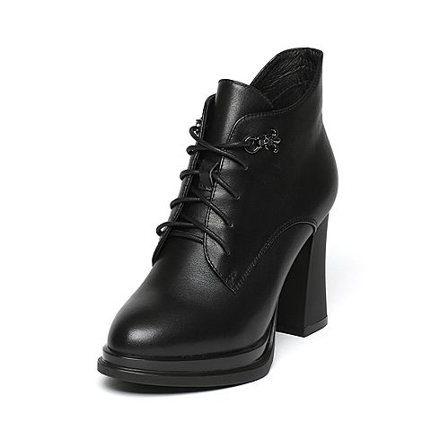 BASTO/百思图冬季专柜同款黑色牛皮休闲粗高跟女皮靴16D40DD6