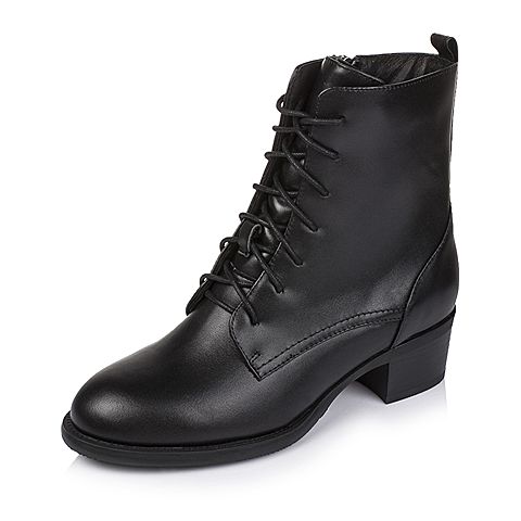 BASTO/百思图冬季专柜同款黑色牛皮女皮靴16D51DD6