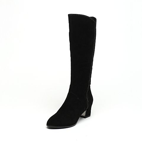 BASTO/百思图冬季专柜同款黑色羊皮帅气休闲显瘦粗跟女长靴16D50DG6