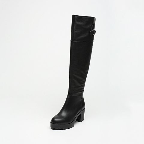 BASTO/百思图冬季专柜同款黑色牛皮粗高跟女皮靴长靴（半毛半绒）TZX80DC6