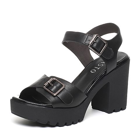 BASTO/百思图夏季专柜同款黑色小牛皮女时尚粗高跟凉鞋TVU01BL6