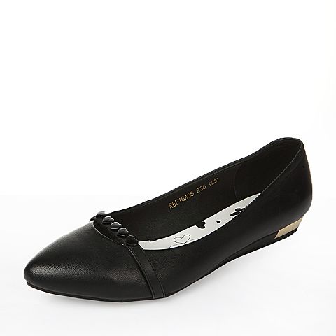 BASTO/百思图春季专柜同款黑色羊皮简约纯色舒适浅口休闲坡跟女单鞋16A65AQ6