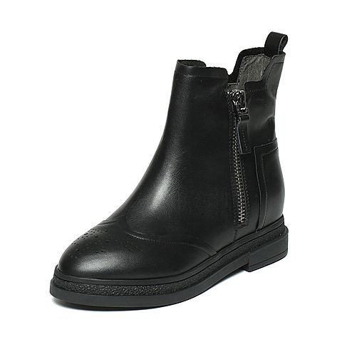 BASTO/百思图冬季专柜同款浅黑色牛皮女皮靴短靴（毛里）TYQ41DD6