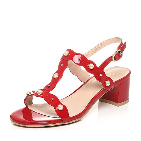 BASTO/百思图夏季专柜同款红色牛皮甜美珍珠粗跟女凉鞋TCT01BL7