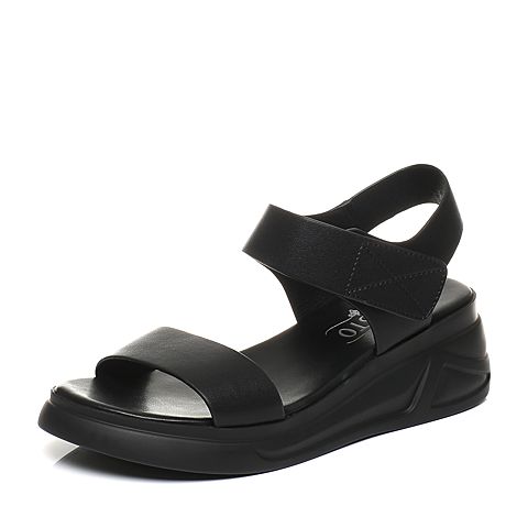 BASTO/百思图夏季专柜同款黑色牛皮露趾坡跟一字带女凉鞋17B04BL7