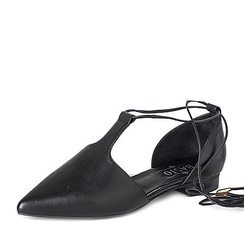 BASTO/百思图夏季黑色羊皮丁字式系带女中空凉鞋DFA42BK7