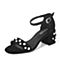 BASTO/百思图新款夏季黑色羊绒皮珍珠一字扣带粗跟女凉鞋H7052BL7