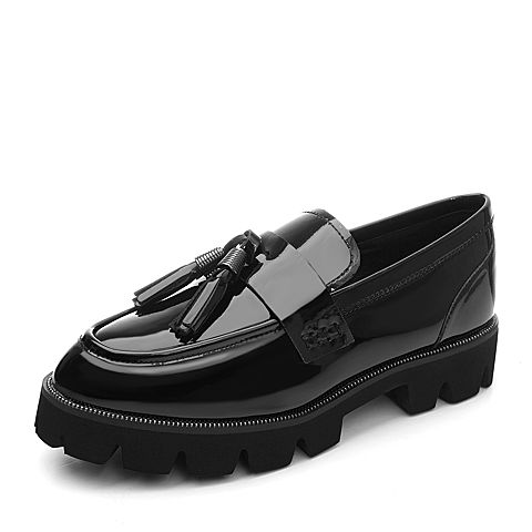 BASTO/百思图秋季专柜同款黑色流苏漆皮浅口方跟女单鞋YFT03CQ7