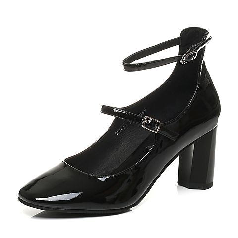 BASTO/百思图秋季专柜同款黑色漆牛皮玛丽珍高跟浅口女皮鞋TU427CQ7