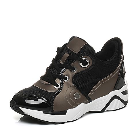 BASTO/百思图秋季专柜同款黑色运动风系带坡跟女休闲鞋YGD02CM7