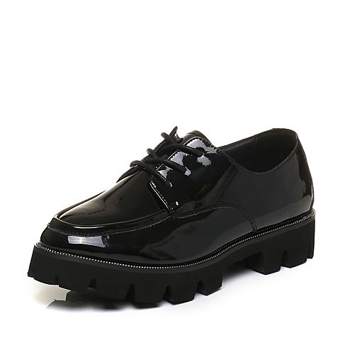 BASTO/百思图秋季专柜同款黑色光面超纤PU系带女单鞋YFT07CM7