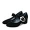 BASTO/百思图秋季新品黑色真丝绒珍珠复古粗跟女单鞋F1710CQ7
