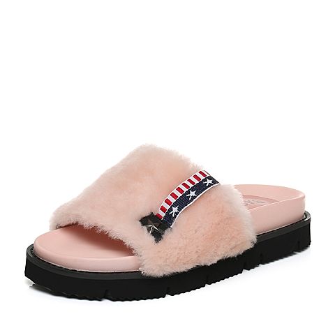 BASTO/百思图夏季粉色羊毛时尚居家露趾松糕跟女拖鞋A6013BT7