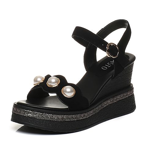 BASTO/百思图夏季专柜同款黑色羊皮珍珠露趾坡跟女皮凉鞋17B75BL7