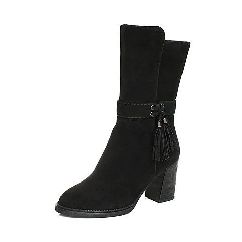 BASTO/百思图冬季专柜同款黑色羊绒皮流苏休闲粗跟女中靴RAR60DZ7