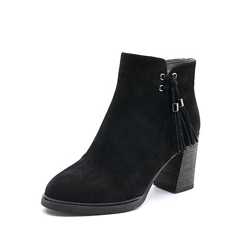 BASTO/百思图冬季专柜同款黑色羊皮流苏纯色粗跟女皮靴RAR44DD7