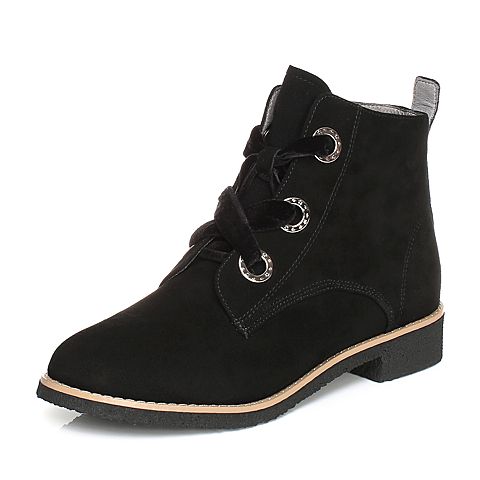 BASTO/百思图冬季专柜同款黑色羊皮系带女皮靴马丁靴THW47DD7