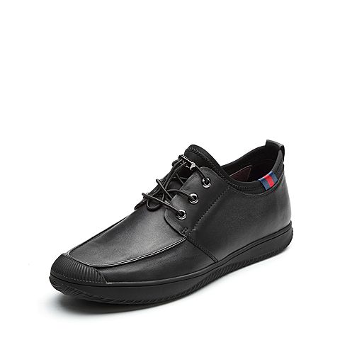 BASTO/百思图冬季专柜同款黑色牛皮/纺织物男休闲鞋BMQ01DM7