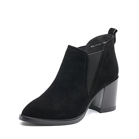 BASTO/百思图冬季专柜同款黑色羊皮尖头粗跟女皮鞋17D10DM7