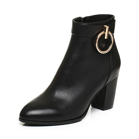 BASTO/百思图冬季黑色牛皮金属装饰侧拉链优雅粗高跟女皮靴RBJ42DD7