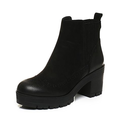 BASTO/百思图冬季黑色牛皮时尚休闲镂花粗跟女皮靴短靴TNT52DD7