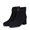 BASTO/百思图冬季专柜同款黑色羊皮金属粗跟女皮靴短靴17D38DD7
