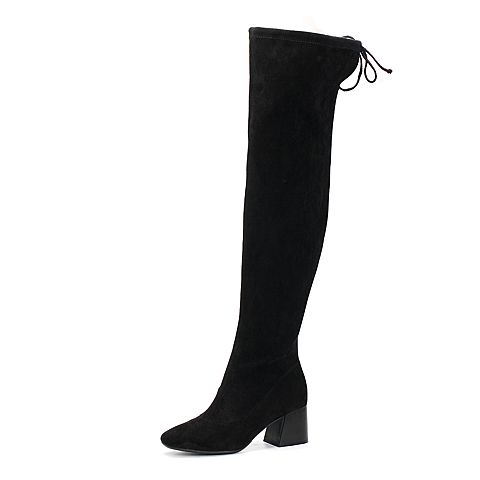 BASTO/百思图冬季专柜同款黑色布面时尚简约女过膝靴超长靴17D61DC7