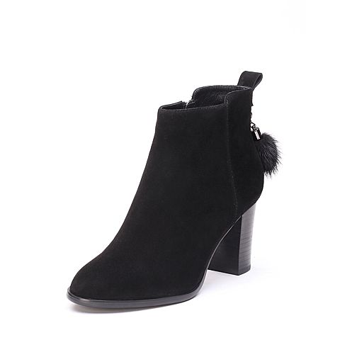 BASTO/百思图冬季专柜同款黑色羊皮毛球粗跟女皮靴短靴17D31DD7