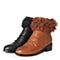 BASTO/百思图冬季专柜同款黑色牛皮/羊毛后拉链方跟女皮靴短靴17D92DD7