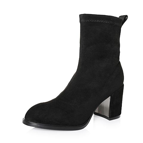 BASTO/百思图冬季专柜同款黑色纺织品粗跟尖头女皮靴袜靴17Z14DD7