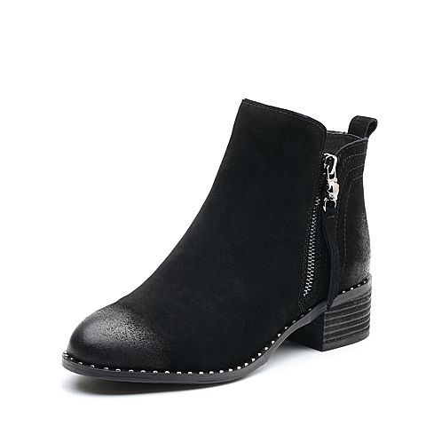 BASTO/百思图冬季专柜同款黑色侧拉链方跟女短靴17D18DD7
