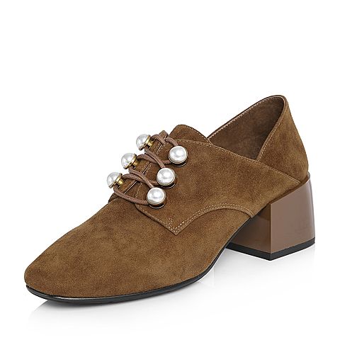 BASTO/百思图2018春季专柜同款棕色羊皮珍珠系带方头粗中跟女单鞋AC376AM8