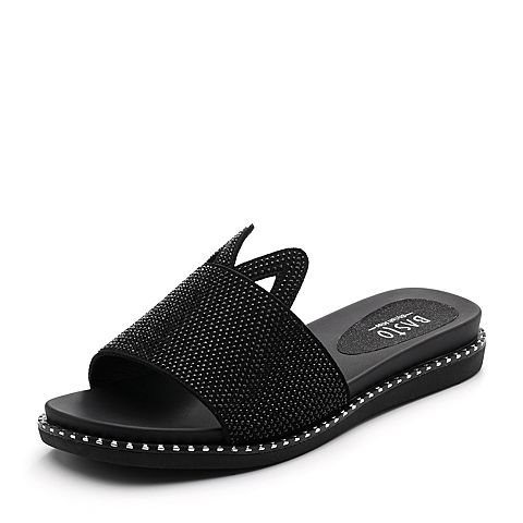BASTO/百思图2018夏季专柜同款黑色人造革闪钻平跟休闲女凉拖鞋DB788BT8