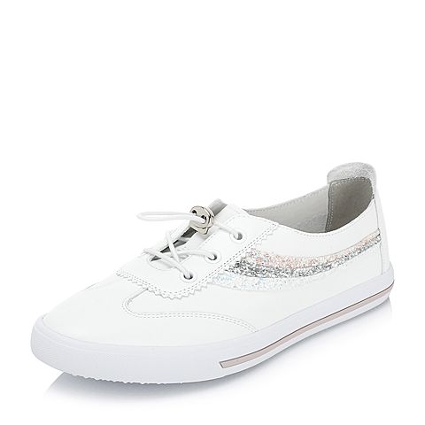 BASTO/百思图2018夏季专柜同款白色软面牛皮革条纹女鞋YIP61BM8