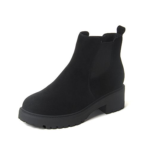 BASTO/百思图2018冬季黑色羊皮革套筒纯色方跟女休闲靴短靴DD067DD8