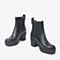 BASTO/百思图2018冬季黑色羊皮革圆头粗高跟短靴女皮靴TNT43DD8