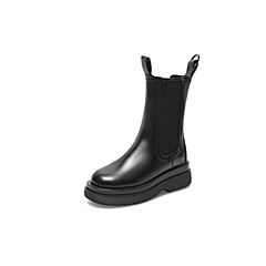 百思图2021冬季新款黑色简约英伦风中筒切尔西靴女短靴MD909DZ1