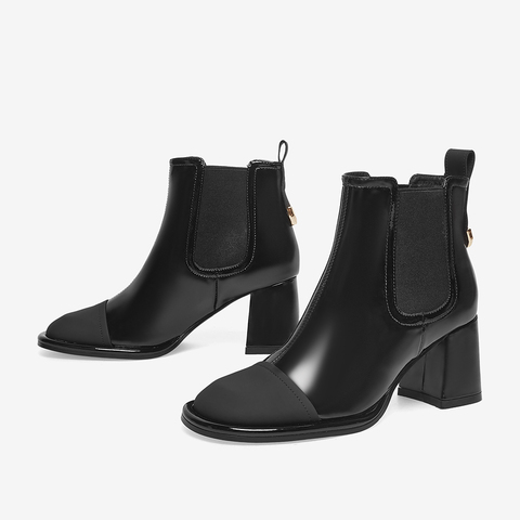 百思图2022冬季新款商场同款时尚潮流拼色粗跟时装靴女靴A0298DD2