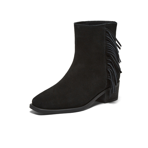 百思图2024冬季新款简约时髦通勤时装靴粗跟方头女中靴W2295DZ4